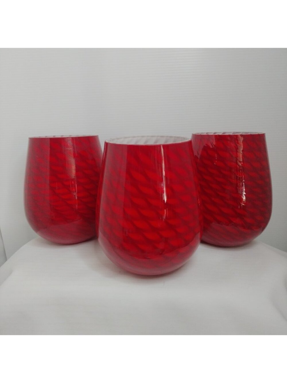 Set Of 3 New Murano Red & White Swirl Waves Hand Blown Glass 6"1/4x5  Shades